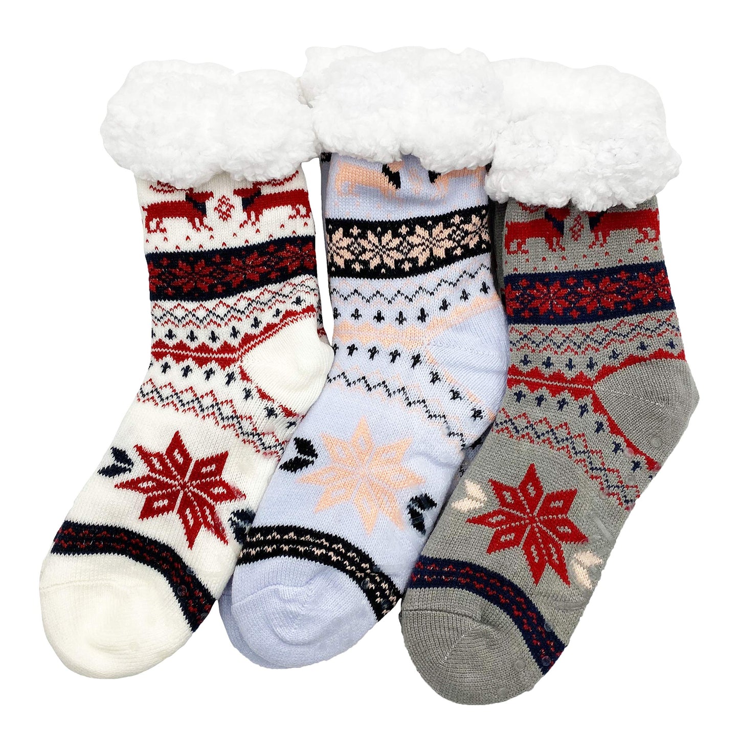 Fluffy Thermal Sherpa Socks, 3 Pairs for Women, Ultra Soft Slipper Christmas Winter Non Skid (Fair Isle D)