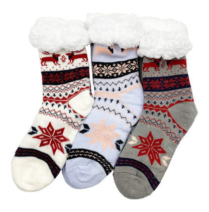 Fluffy Thermal Sherpa Socks, 3 Pairs for Women, Ultra Soft Slipper Christmas Winter Non Skid (Fair Isle D)