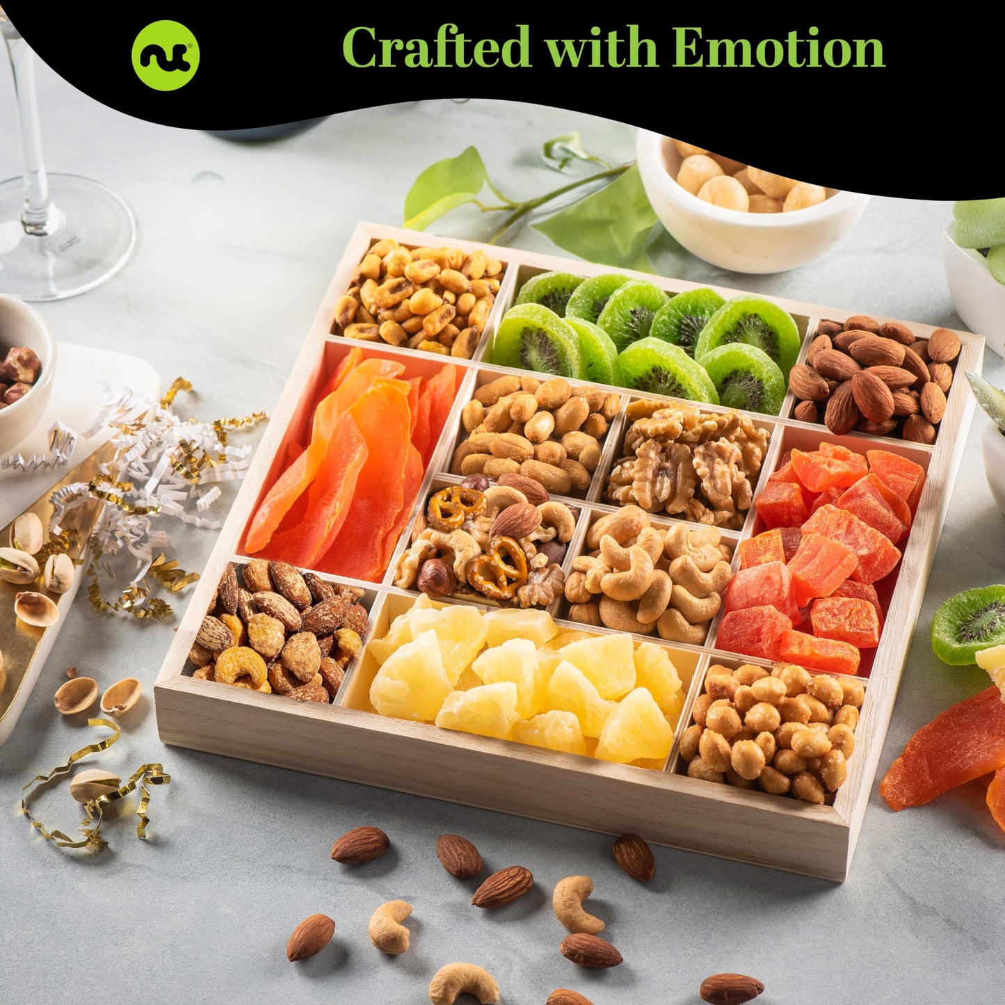 NUT CRAVINGS - Holiday Christmas Dried Fruit & Mixed Nuts Gift Basket in Reusable Wooden Tray + Ribbon (12 Assortments) Xmas Treats for Adults, Food Arrangement, Healthy Snack Care Package, Kosher