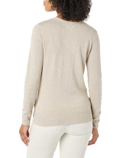 Amazon Essentials Women's Lightweight V-Neck Cardigan Sweater (Available in Plus Size), Light Oatmeal, Large