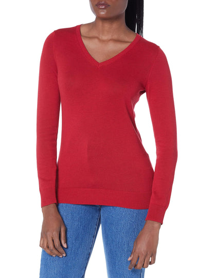 Amazon Essentials Women's Classic-Fit Lightweight Long-Sleeve V-Neck Sweater (Available in Plus Size), Red, X-Small