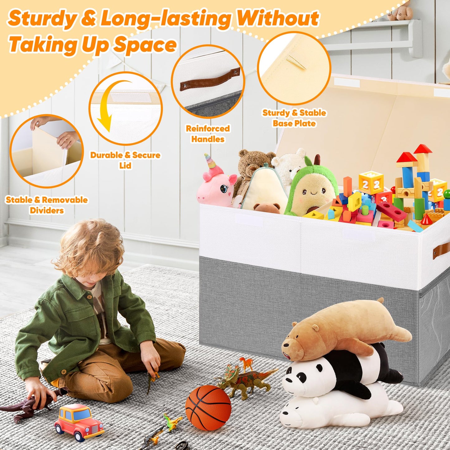 Mabahoo Large Toy Box, Collapsible Sturdy Storage Chest With Lids, Kids Toy Chest Storage Organizer Toddler Bin Boxes for Living Room, Bedroom, Nursery, 25"x13"x16", White & Gray