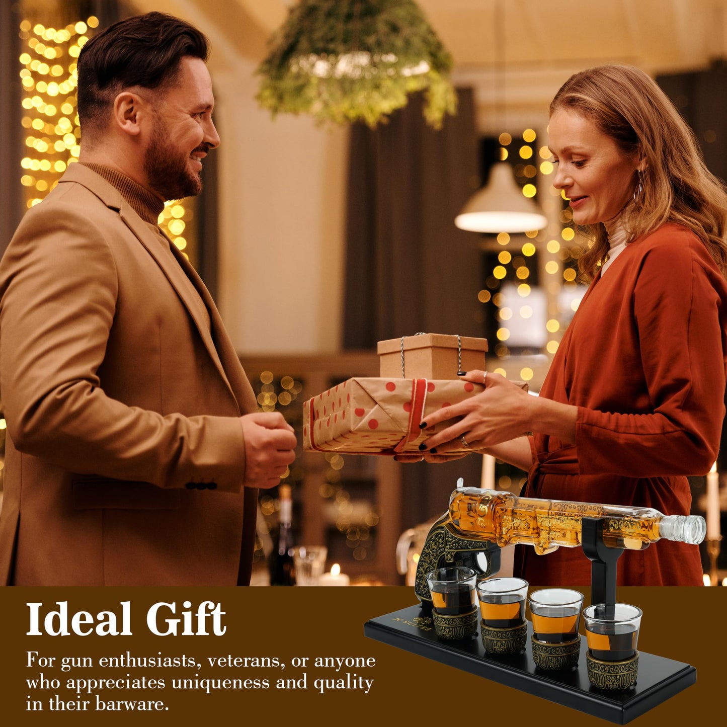 Luxury Gun Decanter with 4 Shot Glasses, Gift Box, & Funnel - Unique Whiskey Decanter Sets for Men & Women - Liquor Glass Gun Alcohol Bottle - Wine Tequila Decanter Set Gifts For Dad Gifts For Men