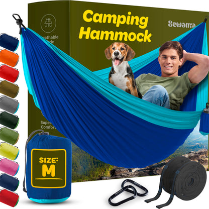 Durable Hammock 400 lb Capacity, Nylon Camping Hammock Chair - Double or Single Sizes w/Tree Straps and Attached Carry Bag - Portable for Travel/Backpacking/Beach/Backyard (Medium, Blue & Light Blue)