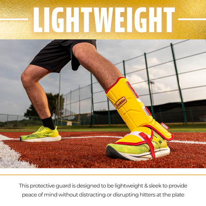 Franklin Sports Baseball + Softball Leg Guard - PRT Series Adult Shin + Foot Shield for Batting - Protective Leg + Ankle Guard with Toe Plate - Right Hand + Left Hand Hitters - Black/Gold - One Size