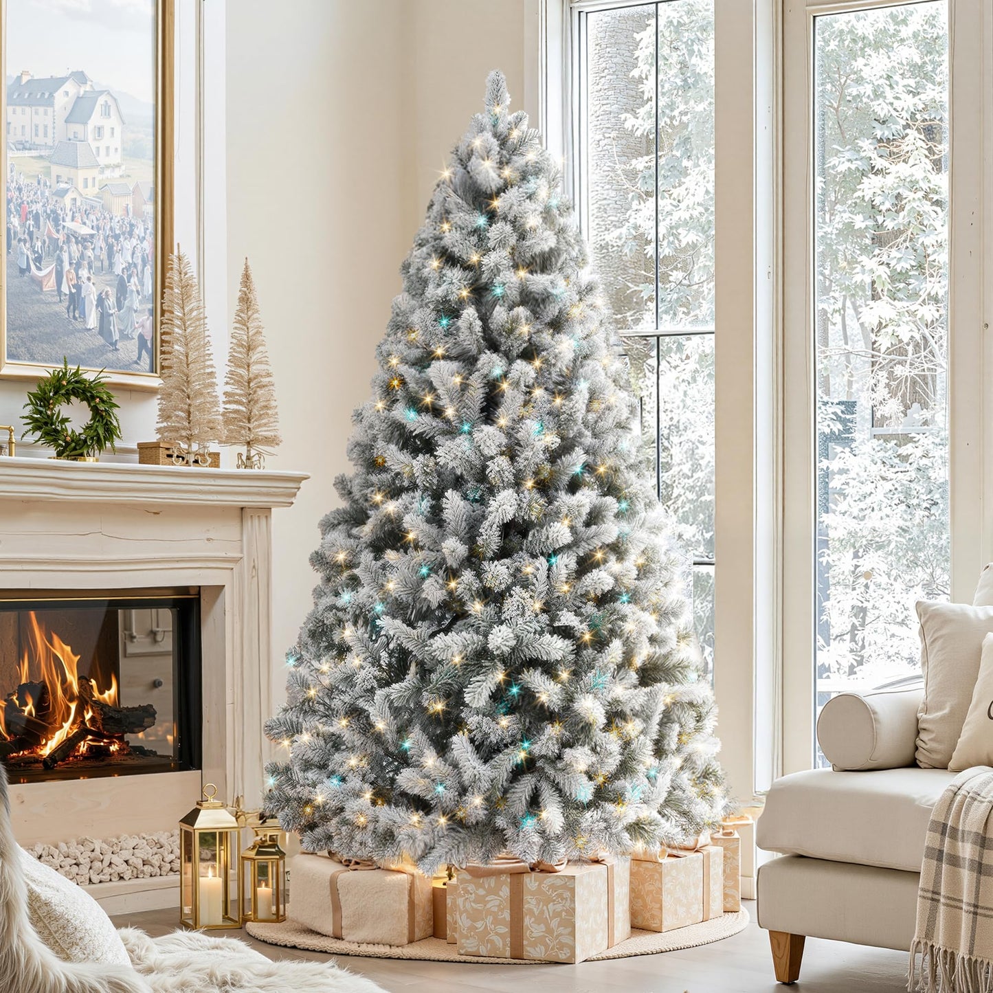 HOLLO STAR 6 ft Flocked Prelit Christmas Tree with 350 LED Lights, App Control, Artificial Christmas Tree, Multi-Color RGBW Lights, 947 Branch Tips, Snow Xmas Tree, for Home, Party