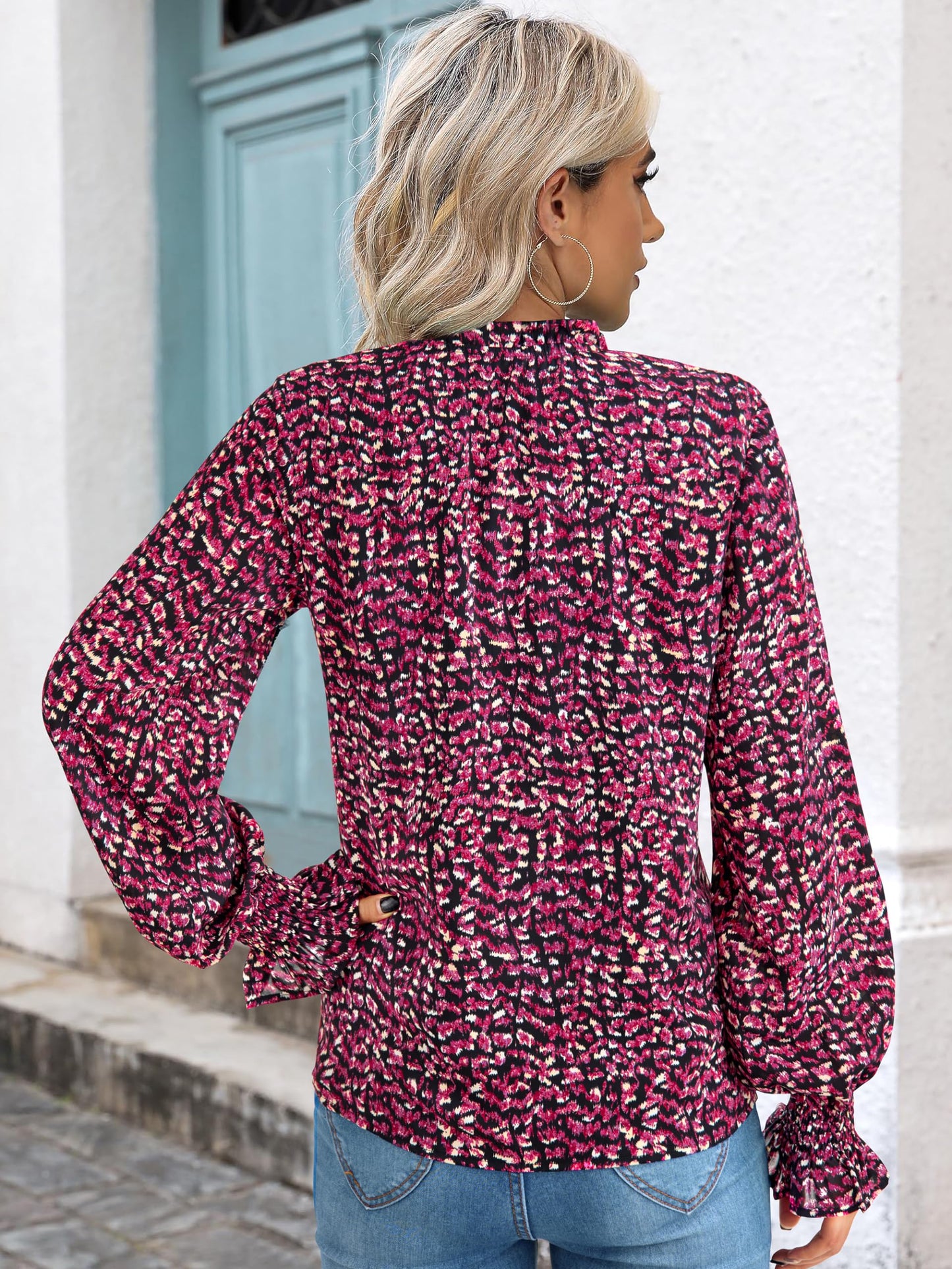 MASCOMODA Womens V Neck Floral Long Sleeve Tops 2024 Summer Casual Loose Puff Sleeve Chiffon Boho Work Blouse Dressy T Shirts(Floral Black Red,Small)