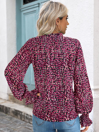 MASCOMODA Womens V Neck Floral Long Sleeve Tops 2024 Summer Casual Loose Puff Sleeve Chiffon Boho Work Blouse Dressy T Shirts(Floral Black Red,Small)