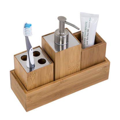 Honey-Can-Do Bamboo Bathroom Accessories Set - 4-Piece Bath Set with Toothbrush Holder, Soap Dispenser, Storage Container, Organiser Tray - Natural Wood BTH-06900