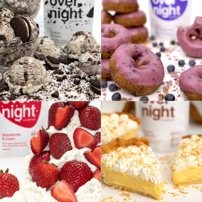 Oats Overnight Party Variety Pack - High Protein, High Fiber Breakfast Protein Shake - Gluten Free Oatmeal, Non GMO Oatmeal - Cookies & Cream, Coconut Cream Pie & More Flavors (8 Pack + Shaker Bottle)