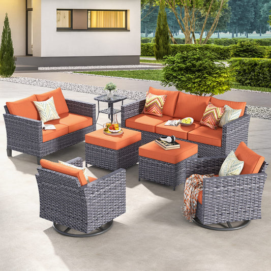 ovios Patio Furniture Set, 7 Piece Outdoor Wicker Sofa with Swivel Rocking Chairs, Loveseat and Comfy Cushions, High Back Rattan Couch Conversation Set, Orange Red