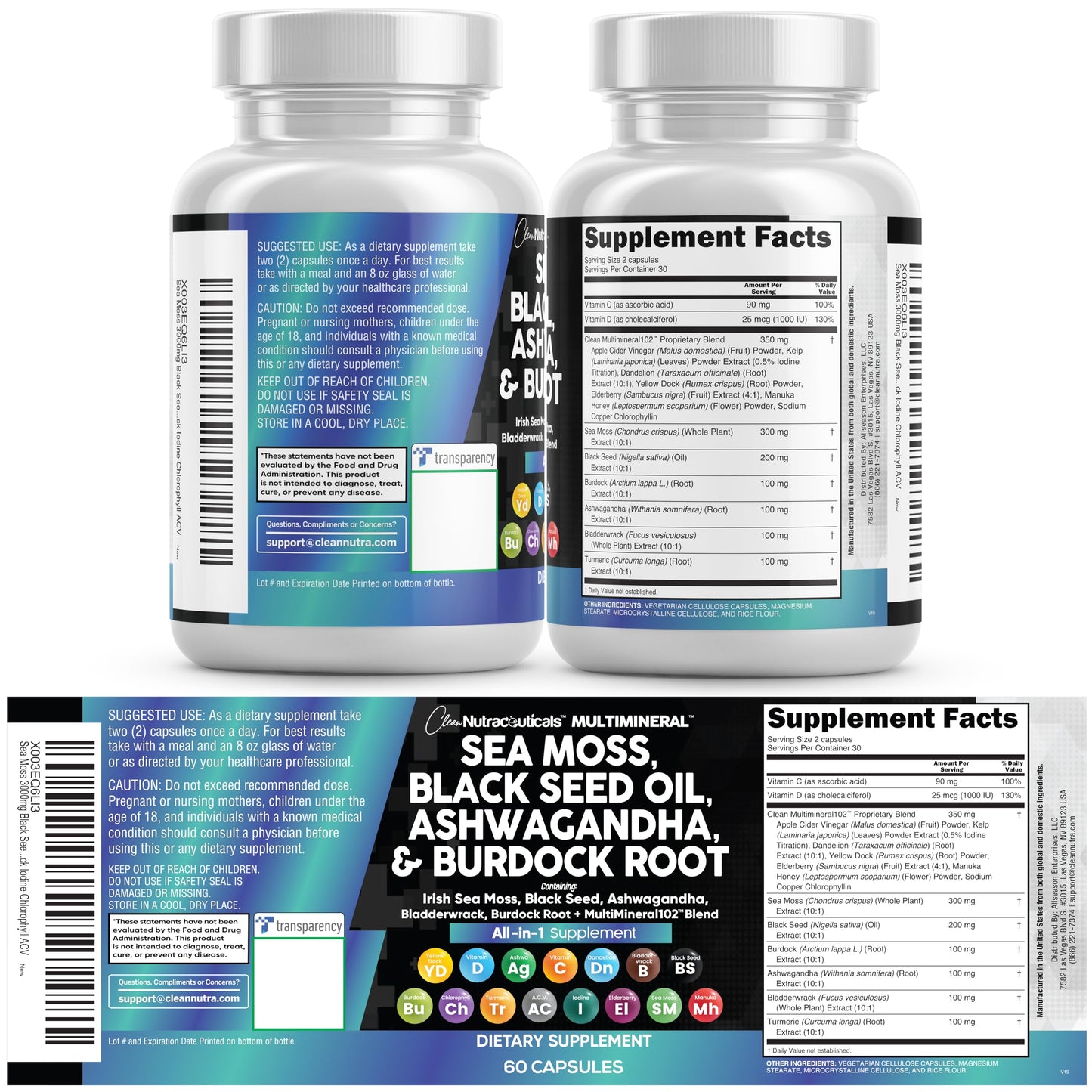 Clean Nutraceuticals Sea Moss Black Seed Oil Ashwagandha Turmeric Bladderwrack Burdock & Vitamin C Vitamin D3 with Elderberry Manuka Dandelion Yellow Dock Iodine Chlorophyll ACV