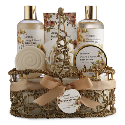 Christmas Gift Baskets for Women Gifts for Women Who Have Everything, Home Spa Honey & Almond Scent, Luxury Bath & Body Set - Shower Gel, Bubble Bath, Body Lotion, Salts, Bath Bomb, Bath Puff.