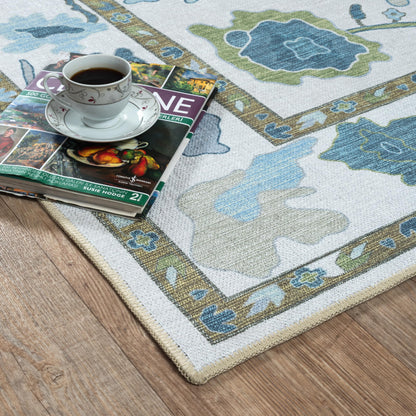 Fame Living Green Oushak Rug, Modern, Vintage, Turkish, Eclectic, Floral, Pastel, Washable, Area Rugs for Living Room, Dining, Bedroom, Nursery, Girls, Boys, 5'9"x8'9"
