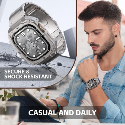 Stainless Steel Case with Band Compatiable for Apple Watch 44mm Bands -Rugged Metal iWatch Bumper Cover and Strap for Men iWatch Bands Series 6 5 4,Titanium