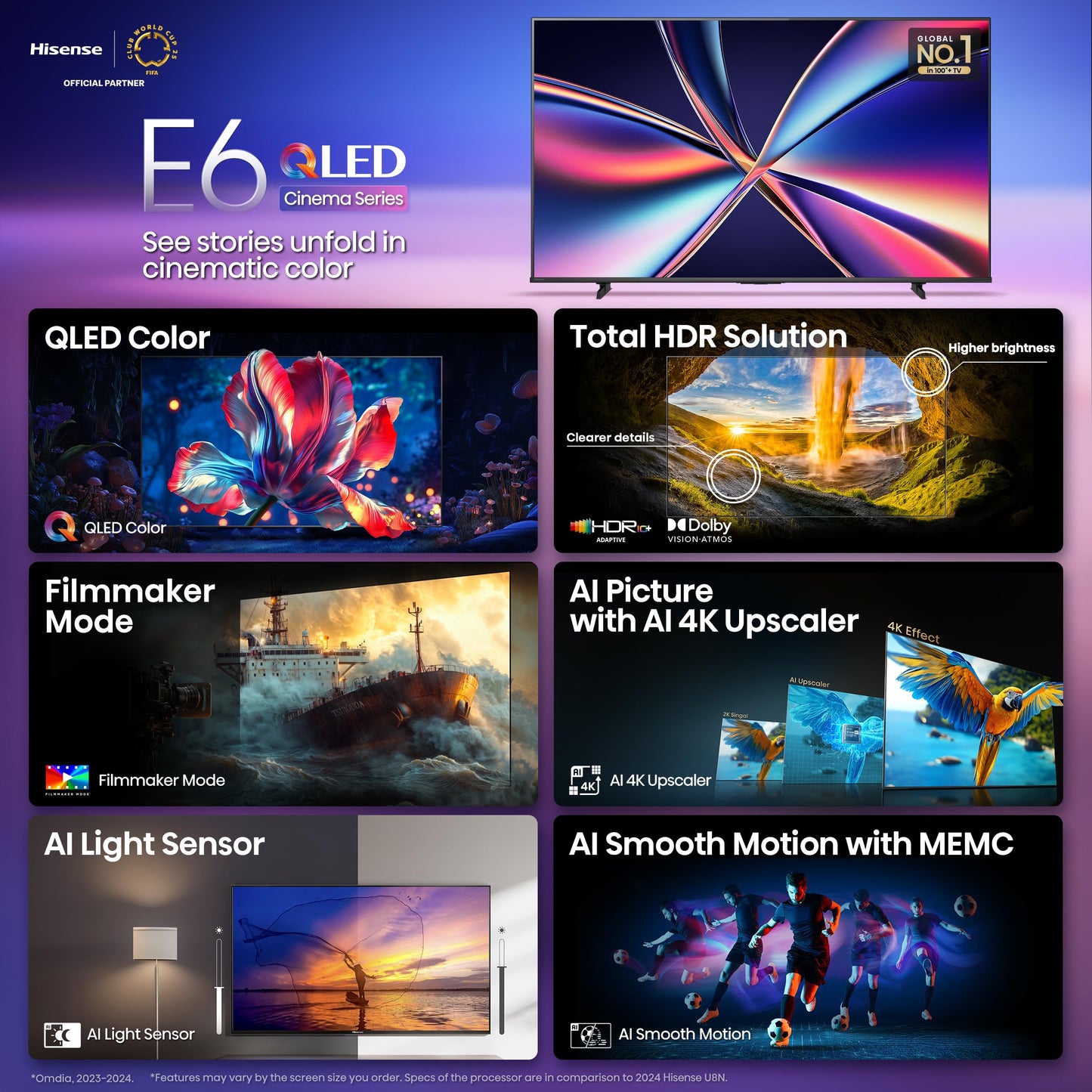 Hisense 43" E6 Cinema Series QLED 4K UHD Smart Fire TV (43E6QF, 2025 Model) - QLED, AI Light Sensor, Dolby Vision · Atmos, Voice Remote with Alexa, Motion Rate 120, HDR 10+ Adaptive, Game Mode Plus