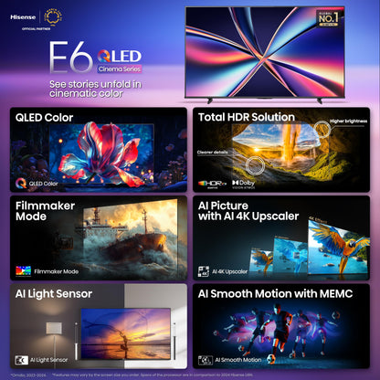 Hisense 43" E6 Cinema Series QLED 4K UHD Smart Fire TV (43E6QF, 2025 Model) - QLED, AI Light Sensor, Dolby Vision · Atmos, Voice Remote with Alexa, Motion Rate 120, HDR 10+ Adaptive, Game Mode Plus