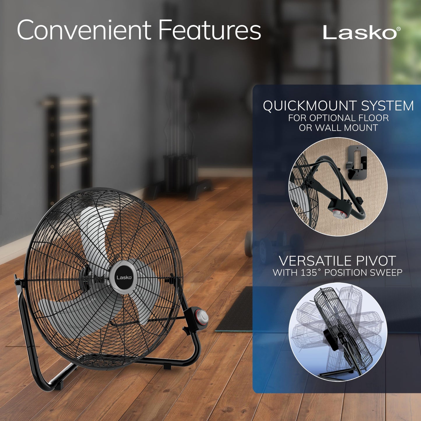 Lasko 20" Black High Velocity Wall Mount Fan with Pivoting Head - 3 Speeds, Ideal Wall Mount Fan or Floor Fans for Home, Garage, Attic, 2264QM
