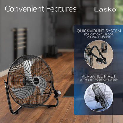 Lasko 20" Black High Velocity Wall Mount Fan with Pivoting Head - 3 Speeds, Ideal Wall Mount Fan or Floor Fans for Home, Garage, Attic, 2264QM