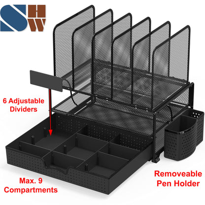 Simple Houseware Mesh Desk Organizer with Sliding Drawer, Double Tray and 5 Upright Sections, Black