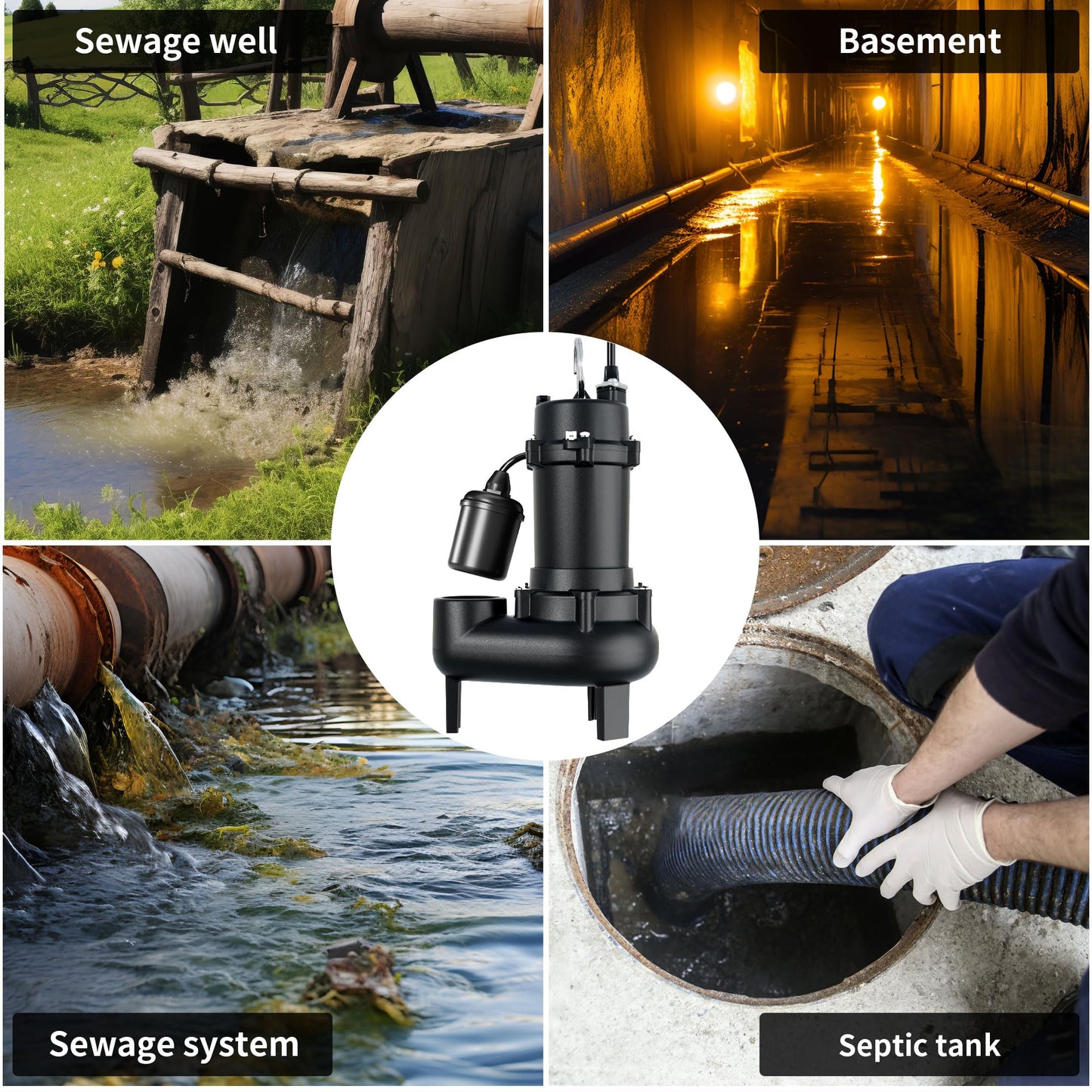 LANCHEZ 1HP 6600 GPH Submersible Sewage Pump, Heavy Duty Cast Iron Effluent Pump with Automatic Tethered Float Switch, Sump Pump for Sump Basin, Basement, Residential, 2" NPT Discharge