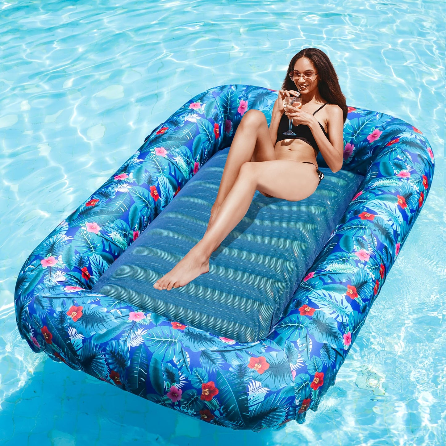 FindUWill Inflatable Pool Floats Adult - 72" X 49" Extra Large Fabric - Covered Pool Float Lounger for Adults, Heavy Duty Pool Raft Floaties for Party Summer Water Beach Lake (Blue)