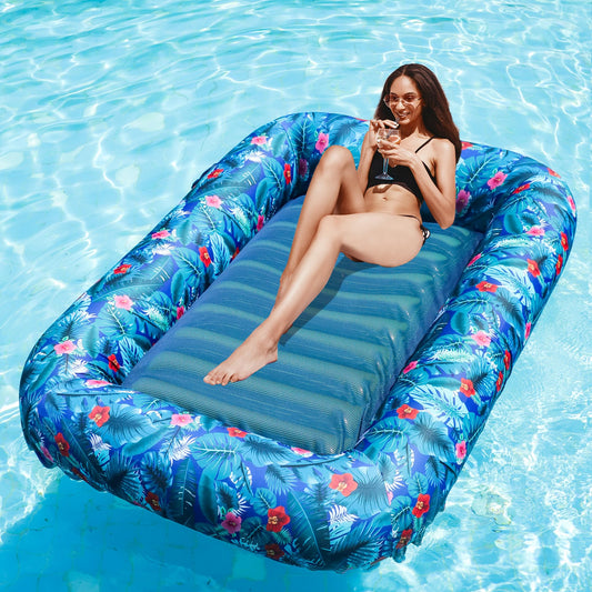 FindUWill Inflatable Pool Floats Adult - 72" X 49" Extra Large Fabric - Covered Pool Float Lounger for Adults, Heavy Duty Pool Raft Floaties for Party Summer Water Beach Lake (Blue)