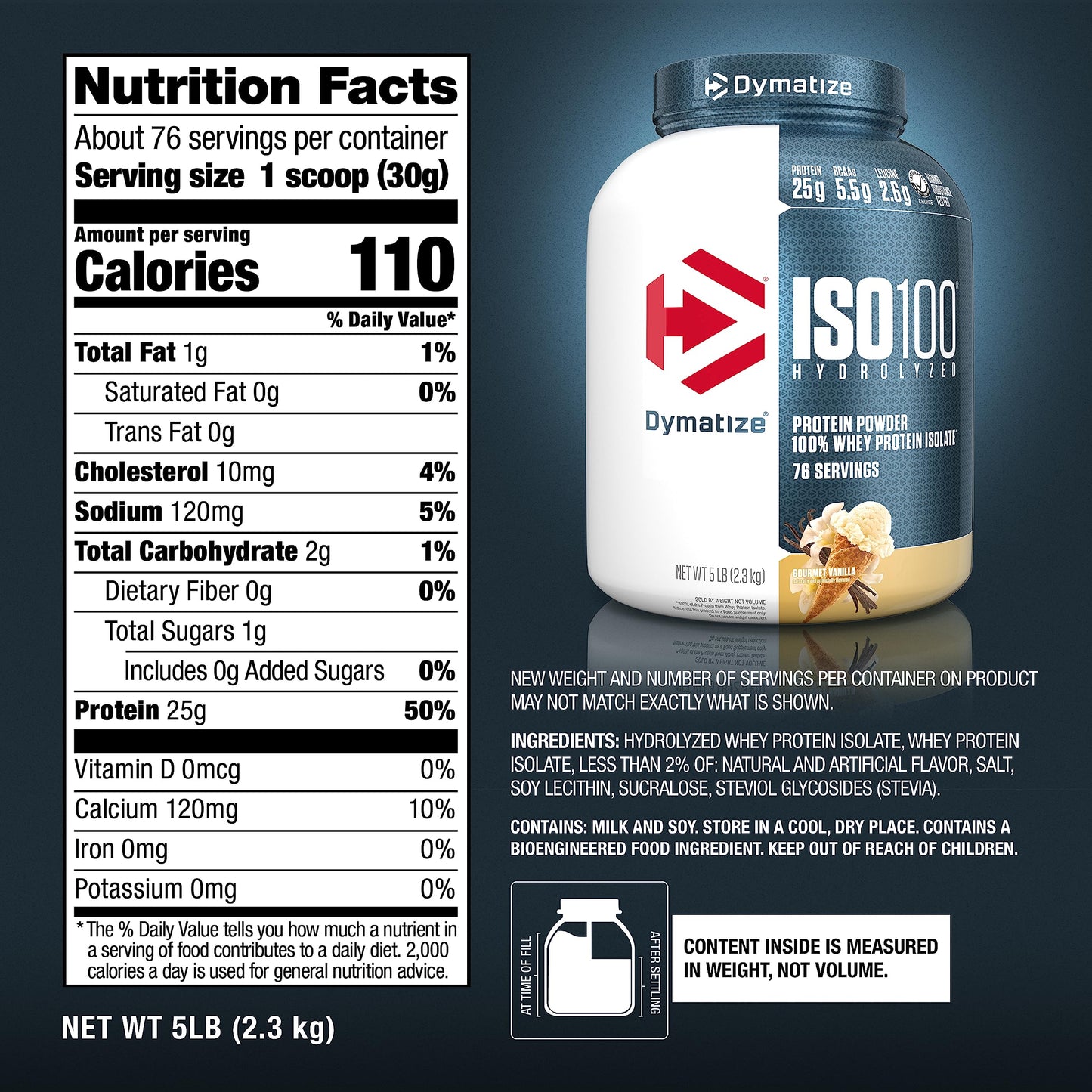 Dymatize ISO 100 Whey Protein Powder with 25g of Hydrolyzed 100% Whey Isolate, Vanilla 5 Pound, Package may vary