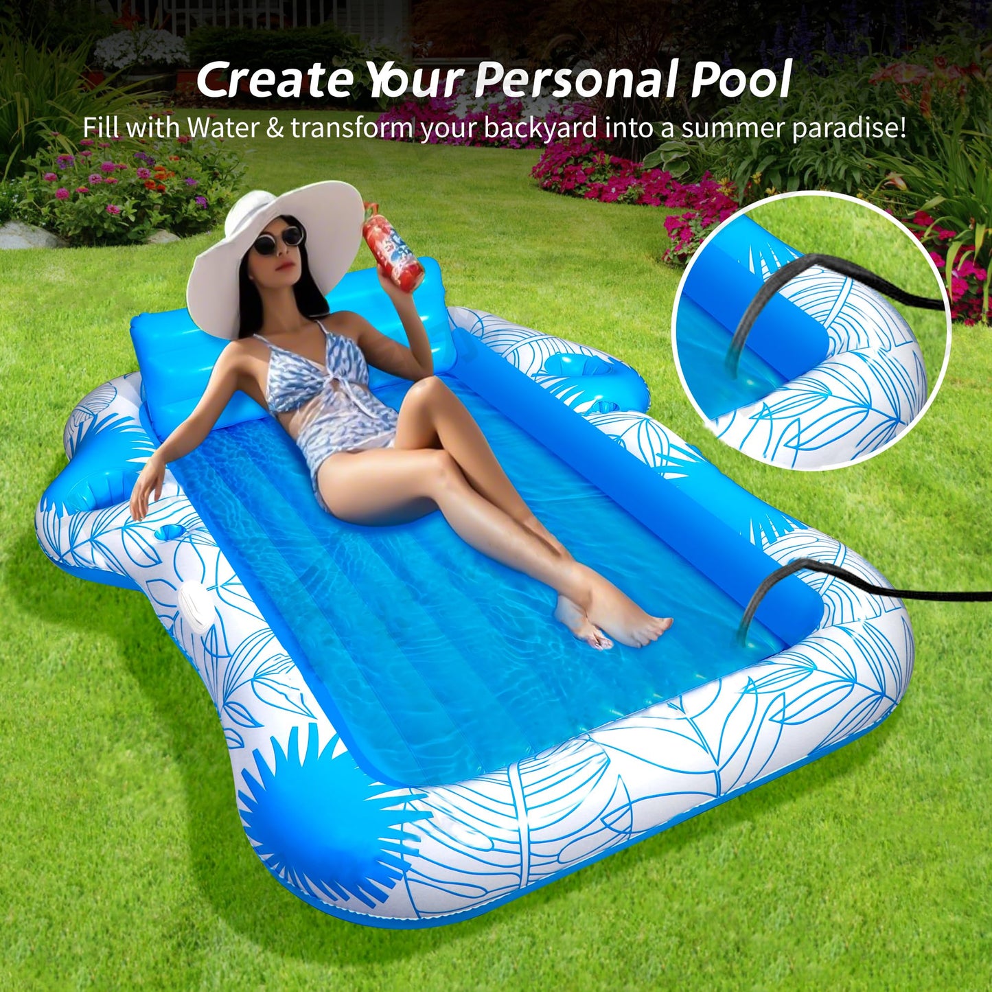Inflatable Pool Lounger Float for Adults - 70" x 60" JIANYHW X-Large Beach Sun Tan Tub Pool Lounge Raft Sunbathing Pool Floaties with 2 Food/Drink Holder, Blow Up Tanning Pool Bed Floating Mat