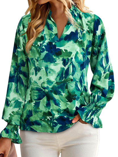 MASCOMODA Womens V Neck Floral Long Sleeve Tops 2024 Summer Casual Loose Puff Sleeve Chiffon Boho Work Blouse Dressy T Shirts(Green Flower,Small)