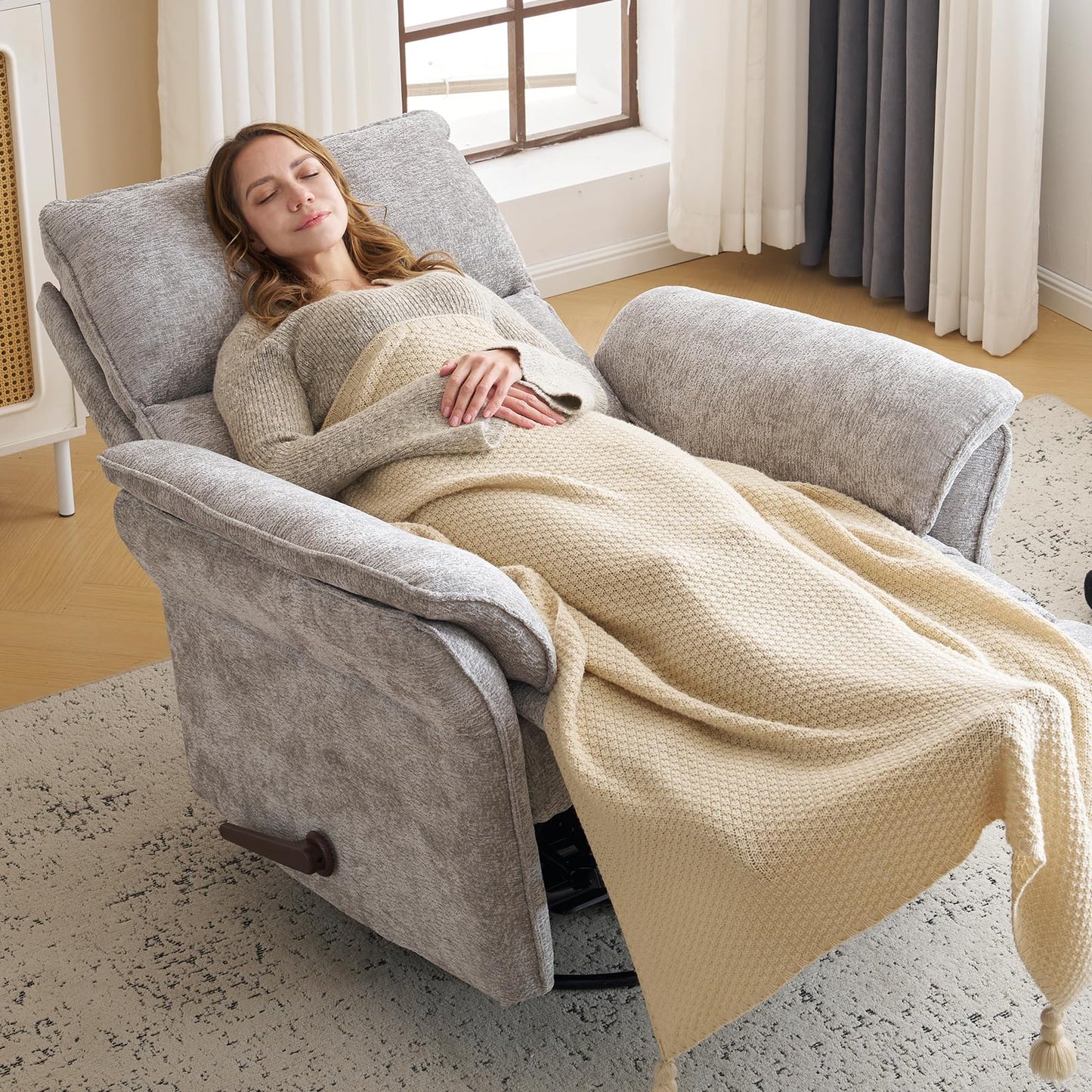 Rhevoy Oversized Glider Rocker Recliner, 26" Extra Wide 360° Swivel Nursery Recliner with Adjustable Headrest, Chenille Rocking Nursery Chair with Overstuffed Armrest, Lumbar Support, Light Grey