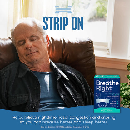 Breathe Right Nasal Strips | Extra Strength | Clear | For Sensitive Skin I Drug-Free Snoring Solution & Nasal Congestion Relief Caused by Colds & Allergies | 44 Count (Packaging May Vary)