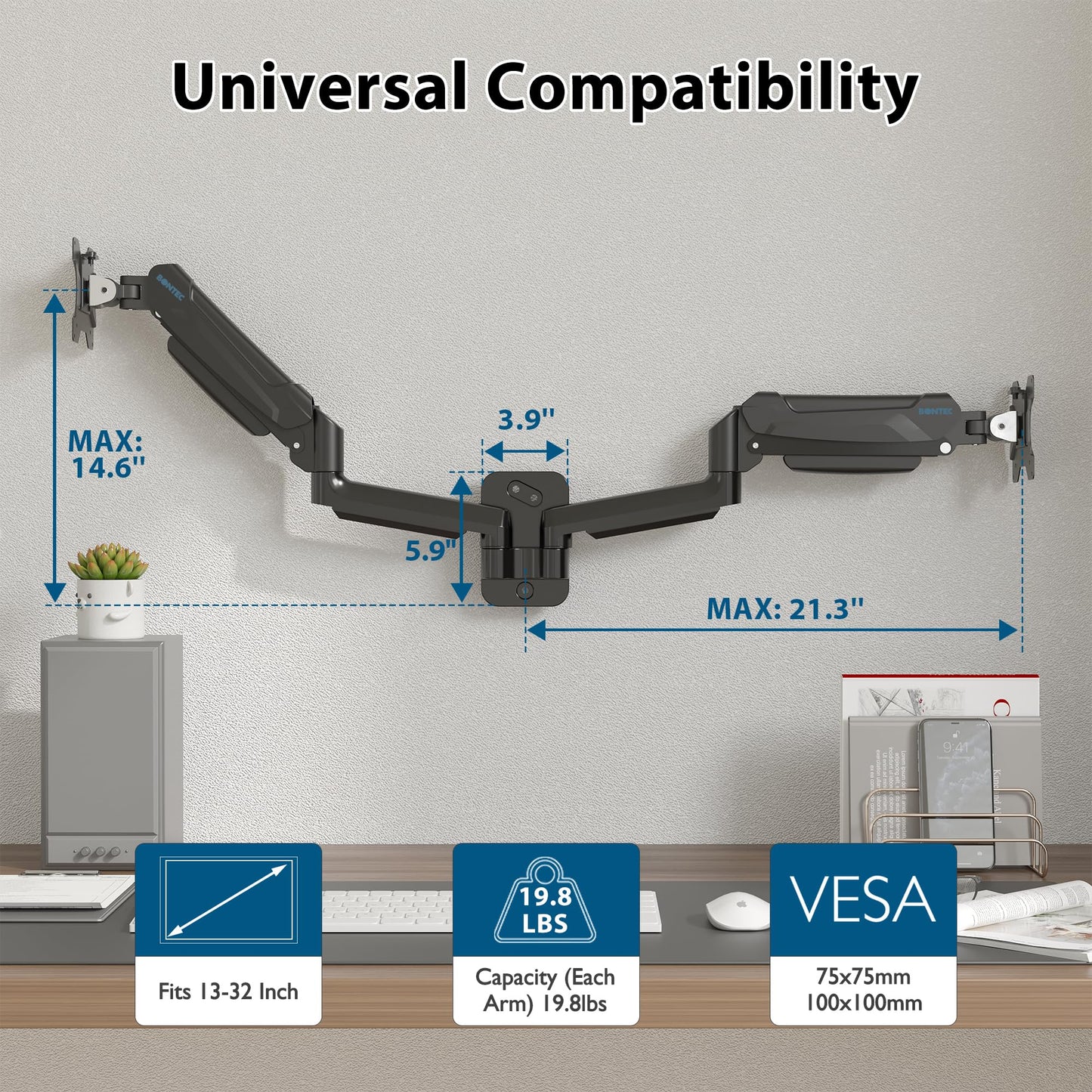 BONTEC Dual Monitor Wall Mount for 13-32 Inch Screens, Height Adjustable Gas Spring Arm with Tilt, Swivel & Rotate, Hold Up to 19.8 lbs, Fully Adjustable, Office & Home Use, VESA 75x75/100x100