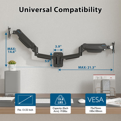 BONTEC Dual Monitor Wall Mount for 13-32 Inch Screens, Height Adjustable Gas Spring Arm with Tilt, Swivel & Rotate, Hold Up to 19.8 lbs, Fully Adjustable, Office & Home Use, VESA 75x75/100x100