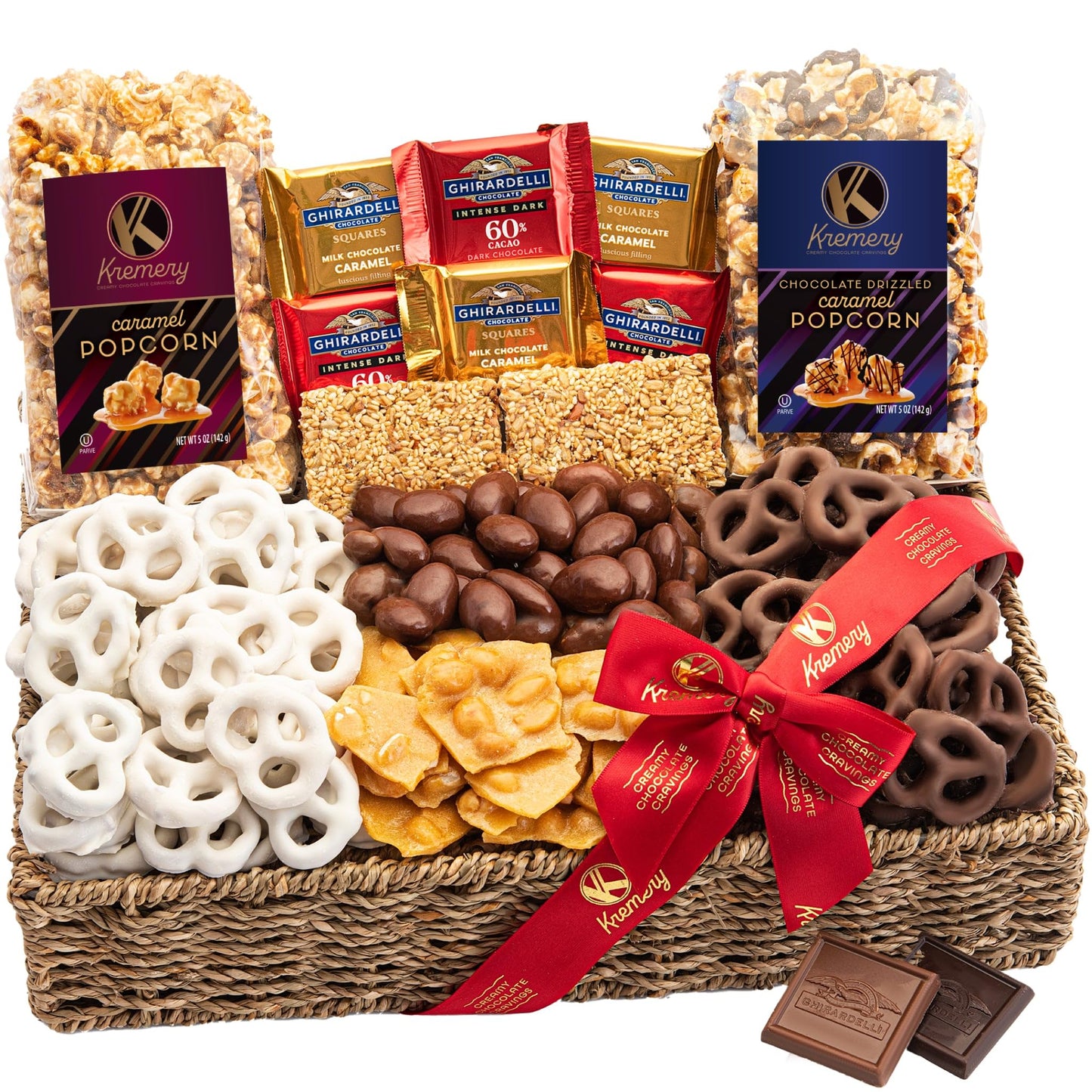 KREMERY Creamy Chocolate Cravings Easter Chocolate Covered Pretzels, Nuts, Candy & Caramel Popcorn (Deluxe, 3.5 lbs) Sweet Treats in Seagrass Tray with Ribbon Kosher