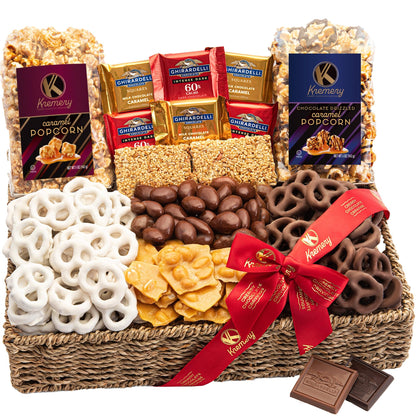 KREMERY Creamy Chocolate Cravings Easter Chocolate Covered Pretzels, Nuts, Candy & Caramel Popcorn (Deluxe, 3.5 lbs) Sweet Treats in Seagrass Tray with Ribbon Kosher