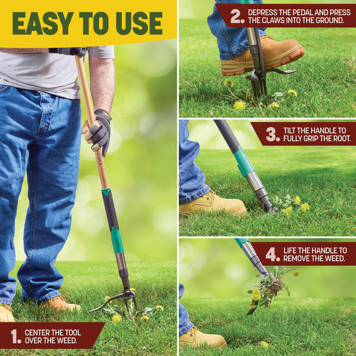 Papa's Tools Weed Puller Tool, 44" Stand Up Weeder Garden Tools & 4 Claw Steel Head, Dual Weed Eject Tech. Made With Real Bamboo & Long Wooden Handle, Yard Weeding Remover For Gardening Men & Women