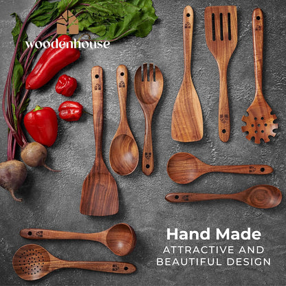 Wooden Spoons for Cooking – 10 Pc Teak Wood Utensil Set, Durable, Nonstick Safe & Heat Resistant with Ergonomic Handles