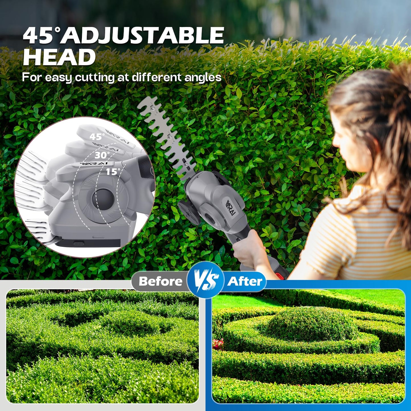 VARAI Hedge Trimmer Cordless, 2 in 1 Cordless Hedge Trimmer with 2600mAh Battery*2, High Power and Large Capacity Hedge Shears for Gardens, Patios and Lawns Charger Included