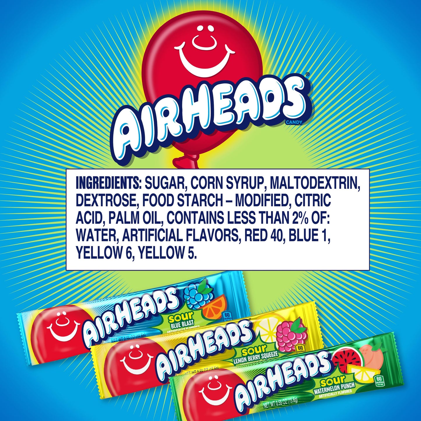 Airheads Sour Full-Size Candy Bars, Taffy Candy Variety Bulk Box, Individually Wrapped Candy, Three Assorted Flavors, 60 Count Box