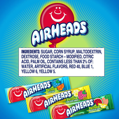 Airheads Sour Full-Size Candy Bars, Taffy Candy Variety Bulk Box, Individually Wrapped Candy, Three Assorted Flavors, 60 Count Box