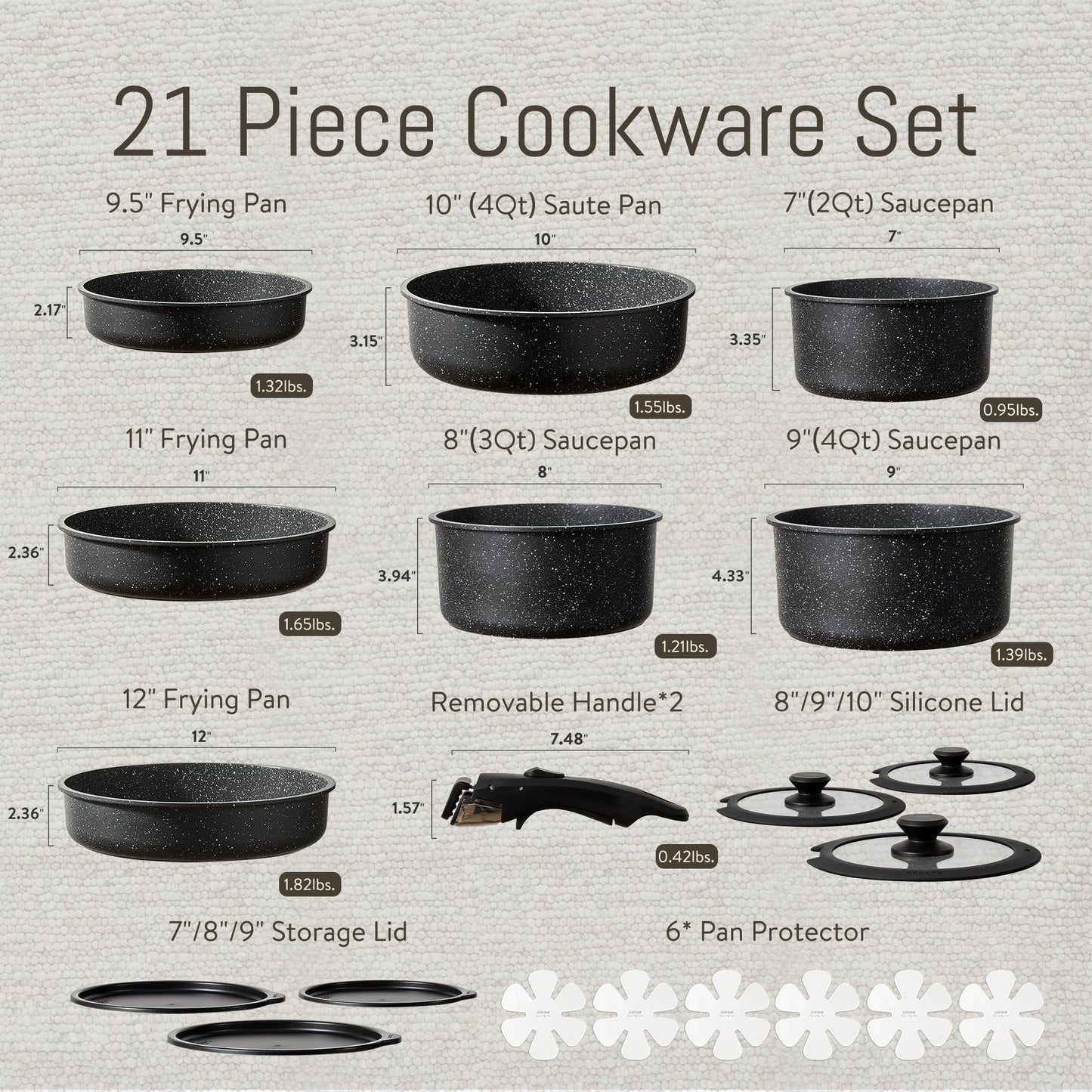 CAROTE 21pcs Pots and Pan Set Non Stick, Nonstick Induction Cookware, Detachable Handle Cookware Set, Removable Handle, RV Oven Safe Cookware, Midnight Black