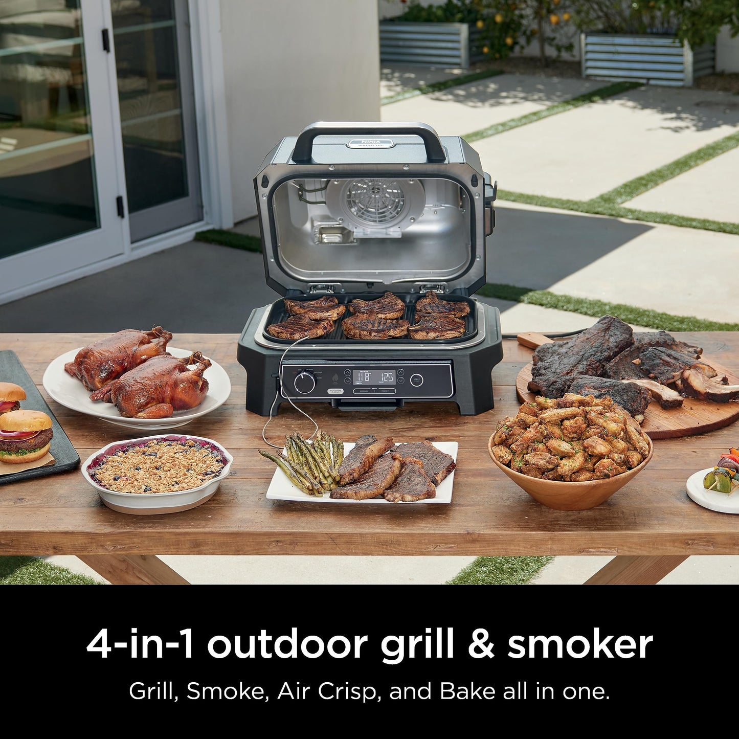 Ninja, Woodfire Pro XL Outdoor Grill & Smoker, Thermometer, 4-in-1 Master Grill, BBQ Smoker, Outdoor Air Fryer, Bake, Portable, Electric Grill, Dark Grey, OG850