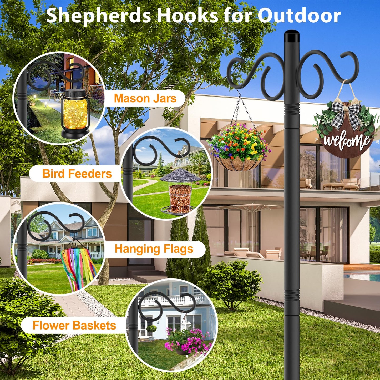 NUERPO Adjustable Shepherd Hooks for Outdoor,2 Pack 90 Inch 5 Prong Base Bird Two Sided Feeder Poles,Heavy Duty Shepherds Hook,Suitable for Garden in Hanging Flower Basket,Lantern,Bird Nests