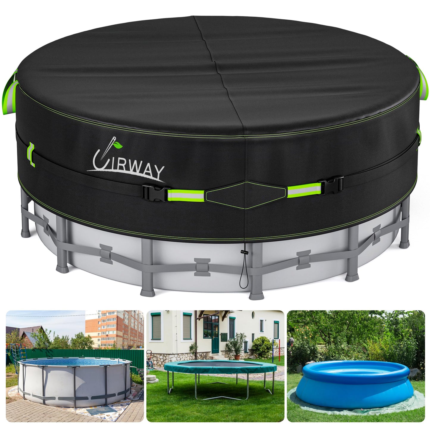 UIRWAY 8 Ft Round Pool Cover with Reflective Strips, Swimming Pool Cover for Above Ground Pools, Solar Covers Including Rope Tie and Luminous Ground Nails, PU Tarp Snug Fit for UV Protected