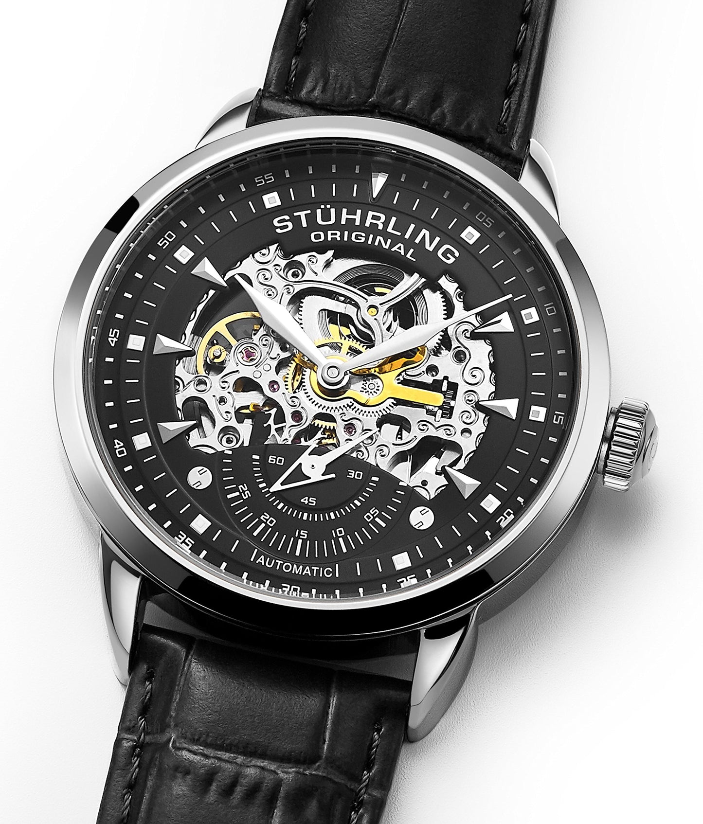 Stuhrling Original Mens Watch-Automatic Skeleton Dial - Black Leather Watch Strap Mechanical Watch Silver Executive (Black)