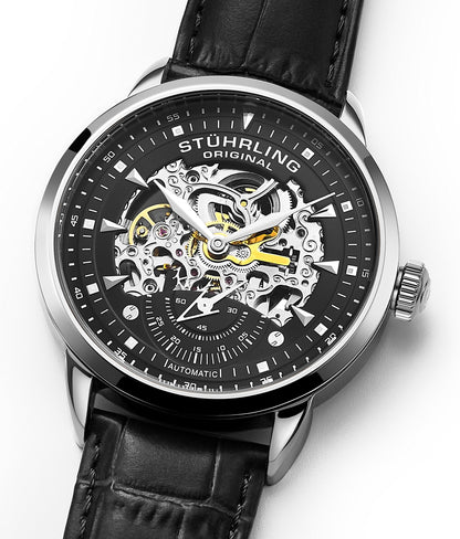 Stuhrling Original Mens Watch-Automatic Skeleton Dial - Black Leather Watch Strap Mechanical Watch Silver Executive (Black)