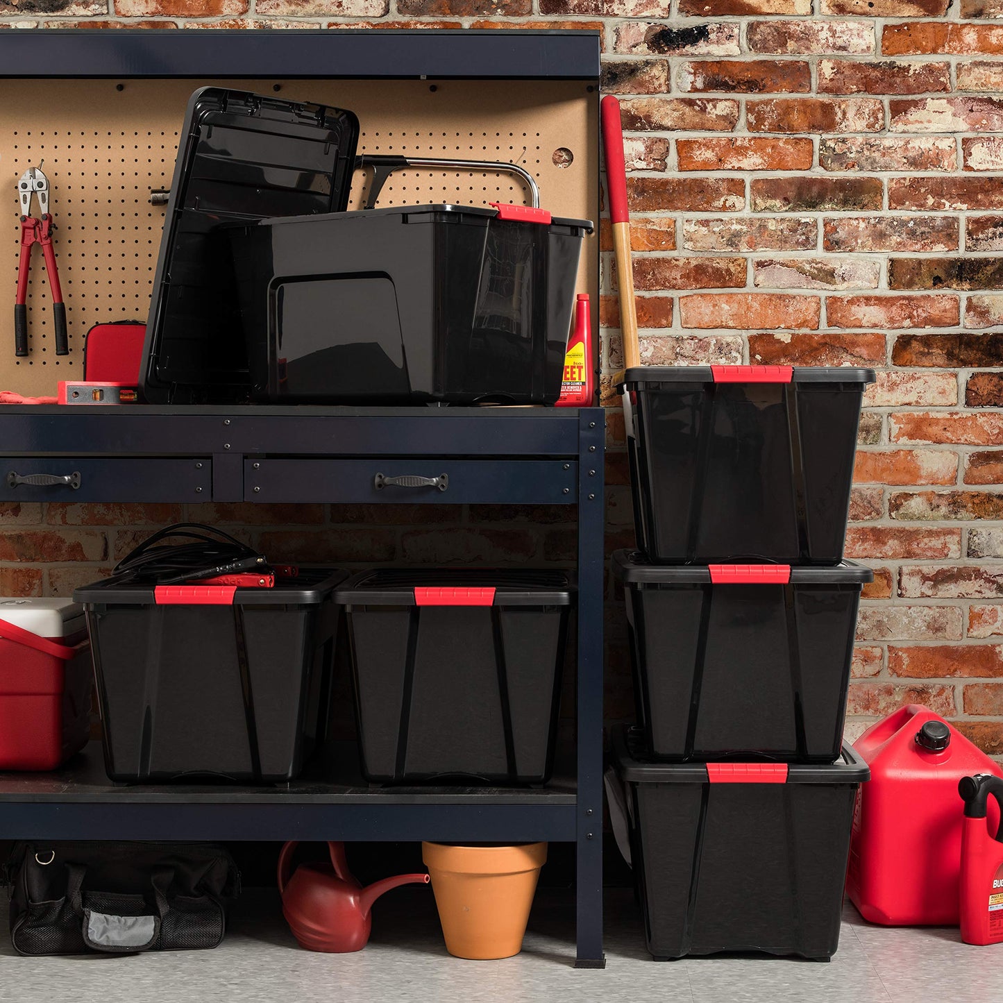 IRIS USA 51 L (54 QT) Plastic Storage Box with Lid and Latches - 4 Pack - BPA-Free, Garage Organizing Solution, Durable Nestable Stackable Containers, Secure Pull Handle - Black