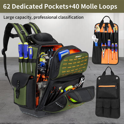 BLISSWILL Tool Bag Backpack for men,Heavy Duty Tool Backpack Bag with Waterproof Molded Base，62 Pockets/40 Loops Heavy Duty Tools Organizer Bags/Electrician/Industrial/Construction Work Backpack
