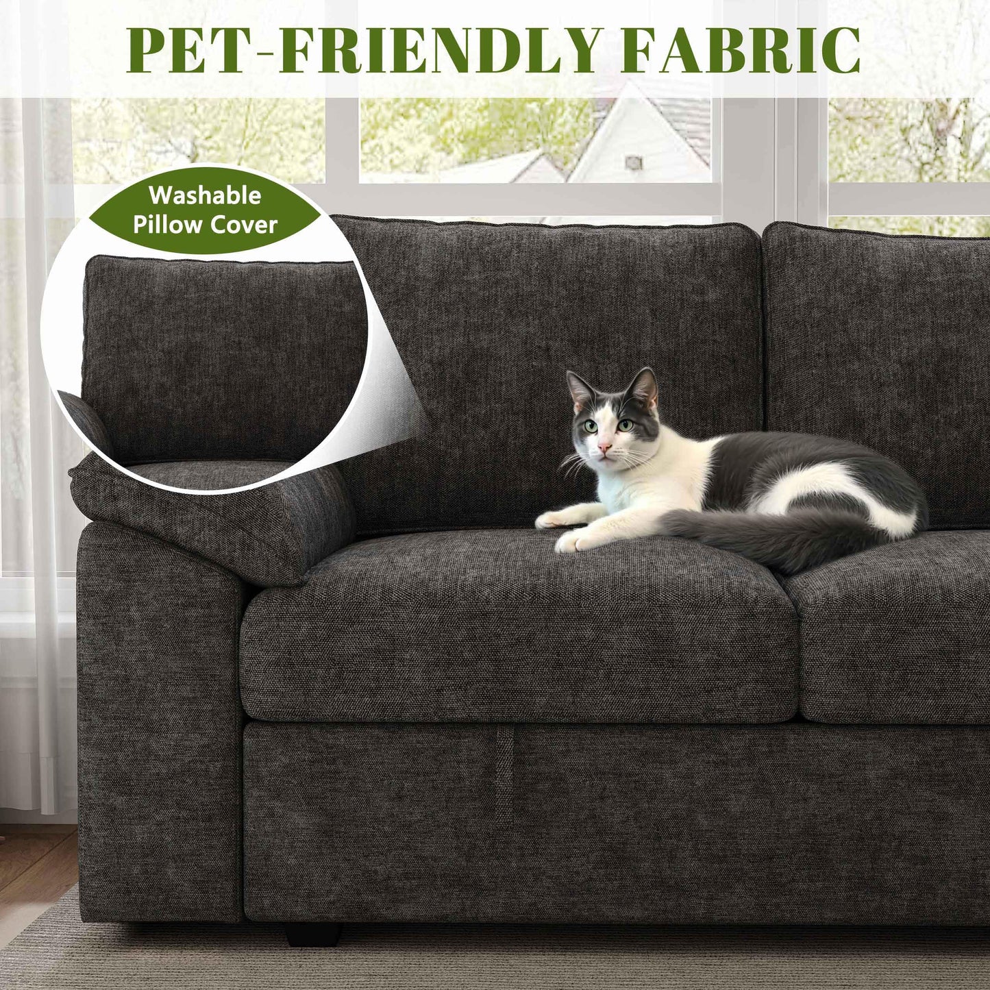 SUAWY 108 Inch Sectional Sleeper Sofa with Pull Out Bed, U Shaped 7 Seat Modular Sectional Sofa with Storage, Sectional Couches for Living Room, Cloud Modular Couch,Removable Sofa Cover, Dark Grey